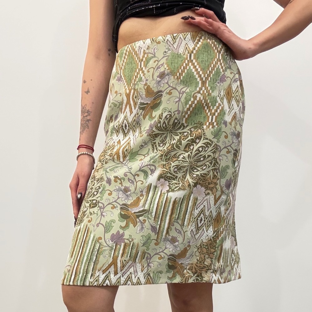 Louben Vintage Patchwork Floral Geometric A-Line Knee Length Skirt Green Tan 4